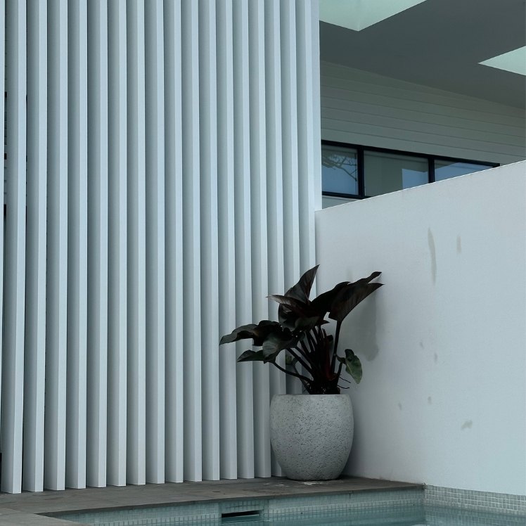 Batten screen wall — privacy detail — White timber batten screen wall built for privacy without blocking the light.